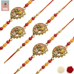 MEIRA JEWELLERY Set Of 5 Rakhi With Roli Chawal & Greetings Card Set-picture-0