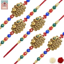 MEIRA JEWELLERY Set Of 5 Rakhi With Roli Chawal & Greetings Card Set-image-0