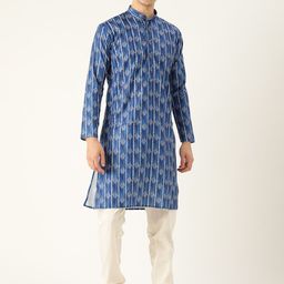 SOJANYA Men Blue & White Geometric Print Kurta with Solid Churidar-36