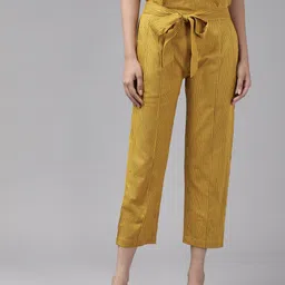 YASH GALLERY Women Mustard Yellow & Black Striped Pleated Peg Trousers-picture-6