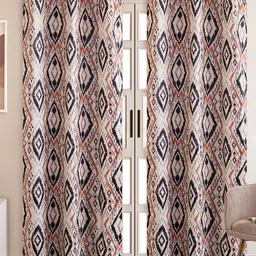 HOMEMONDE Grey & Tan Set of 2 Geometric Black Out Long Door Curtain-image-29
