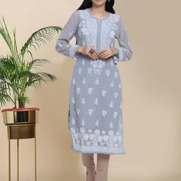 PARAMOUNT CHIKAN Women Grey Ethnic Motifs Hand Embroidered Chikankari Georgette Kurta-picture-14