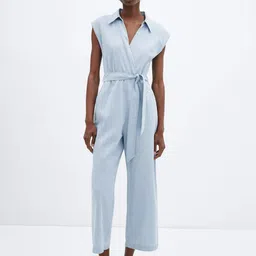 MANGO Pure Cotton Extended Sleeves Shirt Collar Wrap Style Chambray Jumpsuit with Belt-image-31