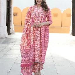 KALINI Floral Printed Empire Cotton A-Line Kurta with Trousers & With Dupatta-10