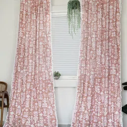 Tranquebar Home Peach & White Floral Printed Room Darkening Cotton Window Curtain-1