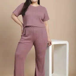 Rigo Plus Size Mauve Self-Design Pure Cotton Top & Trousers Co-Ords Set-32