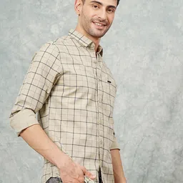 The Indian Garage Co Men Khaki & Navy Blue Slim Fit Checked Casual Shirt-image-91