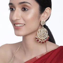 I Jewels Maroon Gold-Plated Kundan-Studded Crescent Shaped Chandbalis Earrings-41