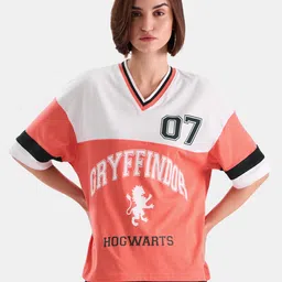 The Souled Store Peach Oversized Typography Printed V-Neck Cotton T-shirt-image-69