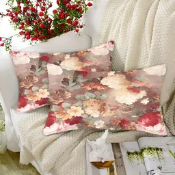 Tesmare Brown & Red 2 Pieces Floral Printed Velvet Rectangle Cushion Covers-27