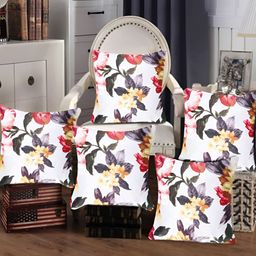 Tesmare Off White & Purple 5-Pieces Floral Printed Velvet Square Cushion Covers-image-79