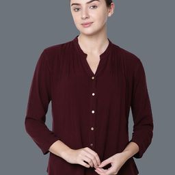 IDENTITI Maroon Mandarin Collar Shirt Style Top-image-11