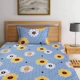 Arrabi Grey & White Floral Printed 300 TC Fitted Single Bedsheet & Pillow Cover-image-117