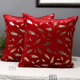 MFD HOME FURNISHING 2 Pcs Red & Gold-Toned Embellished Velvet Square Cushion Covers-5