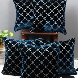 MFD HOME FURNISHING Turquoise Blue 5 Pieces Embellished Velvet Square Cushion Covers-55