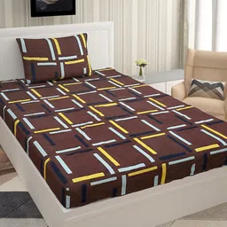 Urban Magic Brown & White Geometric 140 TC Single Bedsheet with 1 Pillow Covers-image-68