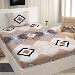 Urban Magic Beige & Black Geometric 140 TC Single Bedsheet with 1 Pillow Cover-image-58