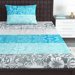Divine Casa Blue & White Floral 144 TC Single Bedsheet with 1 Pillow Covers-image-62