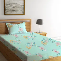 KLOTTHE Green & Pink Floral 300 TC Single Bedsheet with 1 Pillow Cover-24