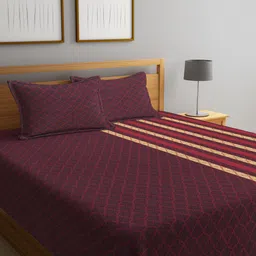 KLOTTHE Maroon Woven Design 350 TC Pure Cotton Double King Bed Cover With 2 Pillow Covers-image-61