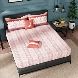 Nautica Peach-Coloured & Red Striped 160 TC Cotton King Bedsheet with 2 Pillow Covers-24