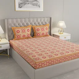 Wayne Martin Cream and Pink Floral 330 TC King Bedsheet with 2 Pillow Covers-image-99