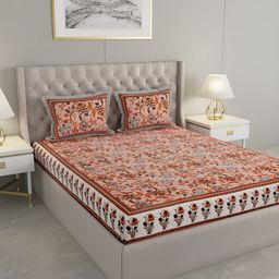 Wayne Martin Peach & White Floral Cotton 330 TC King Bedsheet With 2 Pillow Covers-image-73