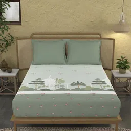MYTRIDENT Green & White Ethnic Motifs Cotton 144 TC King Bedsheet With 2 Pillow Covers-44