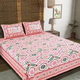 BLOCKS OF INDIA Pink & Green Geometric Cotton 210 TC King Bedsheet & 2 Pillow Covers-image-99
