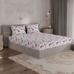 ROSARA HOME White & Pink Floral Cotton 300 TC King Bedsheet with 2 Pillow Covers-image-86