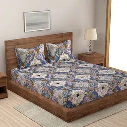 MODEFE Blue & Cream-Coloured Floral Microfiber 144 TC Queen Bedsheet with 2 Pillow Covers-image-6