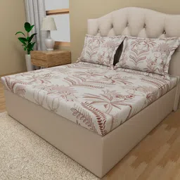 Himeya Cream & Rust Floral Cotton 180 TC Queen Bedsheet With 2 Pillow Covers-4