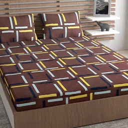 Urban Magic Brown & Yellow Geometric 140 TC Queen Bedsheet with 2 Pillow Covers-image-63