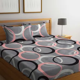 Arrabi Grey & Pink Geometric Printed 300 TC King Bedsheet with 2 Pillow Covers-31