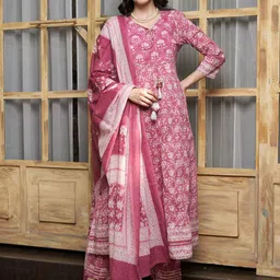 Sangria Floral Printed Sequinned Pure Cotton A-Line Kurta & Trouser With Dupatta-11