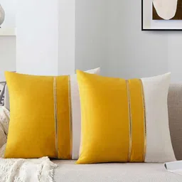 AEROHAVEN Yellow & White 2 Pieces Colourblocked Velvet Square Cushion Covers-25