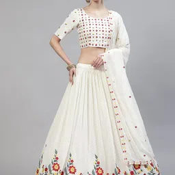 SHUBHKALA White Embroidered Semi-Stitched Lehenga & Blouse With Dupatta-image-5