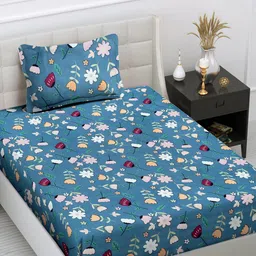 FABINALIV Blue & White Floral 300 TC Single Bedsheet With 1 Pillow Cover-image-90