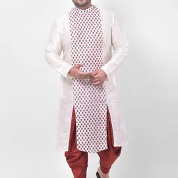 DEYANN PLUS Men Off-White & Maroon Printed Dupion Silk Kurta with Dhoti Pants-picture-20