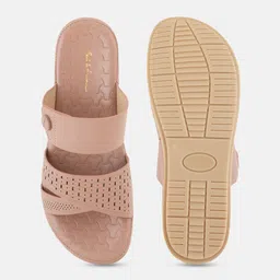 Mast & Harbour Peach-Coloured Textured Open Toe Flats with Laser Cuts image 5