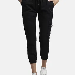 PUNK Women Black Solid Regular Fit Mid-Rise Side Checks Woven Pleated Joggers Trousers-image-85