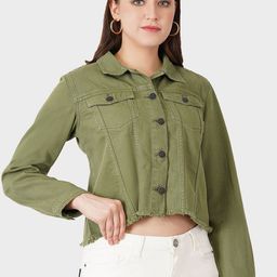 Roadster Green Spread Collar Denim Crop Jacket-image-12
