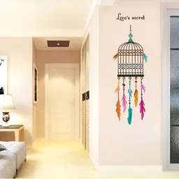 Jaamso Royals Green & Pink Bird Cage Feather Printed Self-Adhesive Removable Wall Sticker-image-2