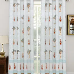 Sangria Grey & Blue Floral Block Printed Cotton Sheer Door Curtain-picture-19