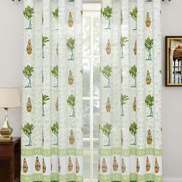 Sangria Green & White Block Printed Cotton Semi-Sheer Door Curtains-15