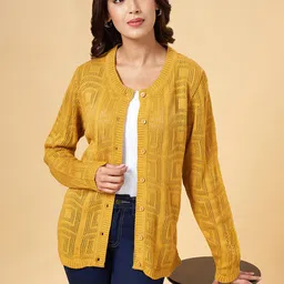 RANGMANCH BY PANTALOONS Women Mustard Self Design Acrylic Cardigan-image-55