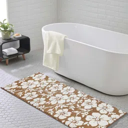 OBSESSIONS Camel Brown & White Floral Anti-Skid 1800GSM Bath Rug-18