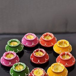 PUFFSMART Pink & Yellow 10 Pieces Printed Matki Diya Candles-34
