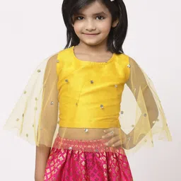 studio rasa Girls Yellow Embellished Net Cape Crop Top-39