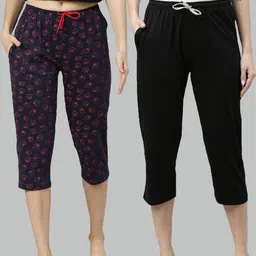 Kryptic Women Pack Of 2 Navy Blue & Black Printed Pure Cotton Capris-image-56